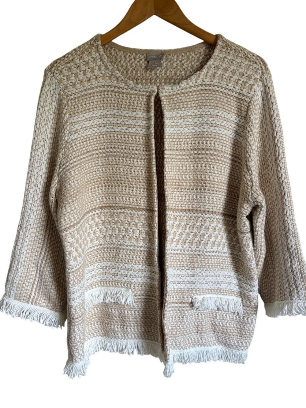 Chico's Poppy Size 2/Large Tan White Knit Jacket Fringed Cardigan